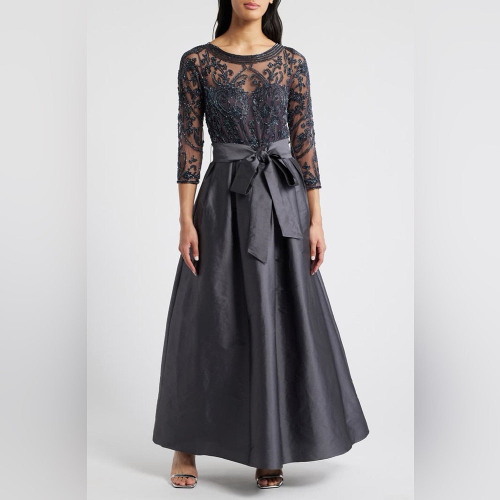 NEW PISARRO NIGHTS Beaded Illusion Neck Taffeta Cocktail Dress- Slate (Size 2)